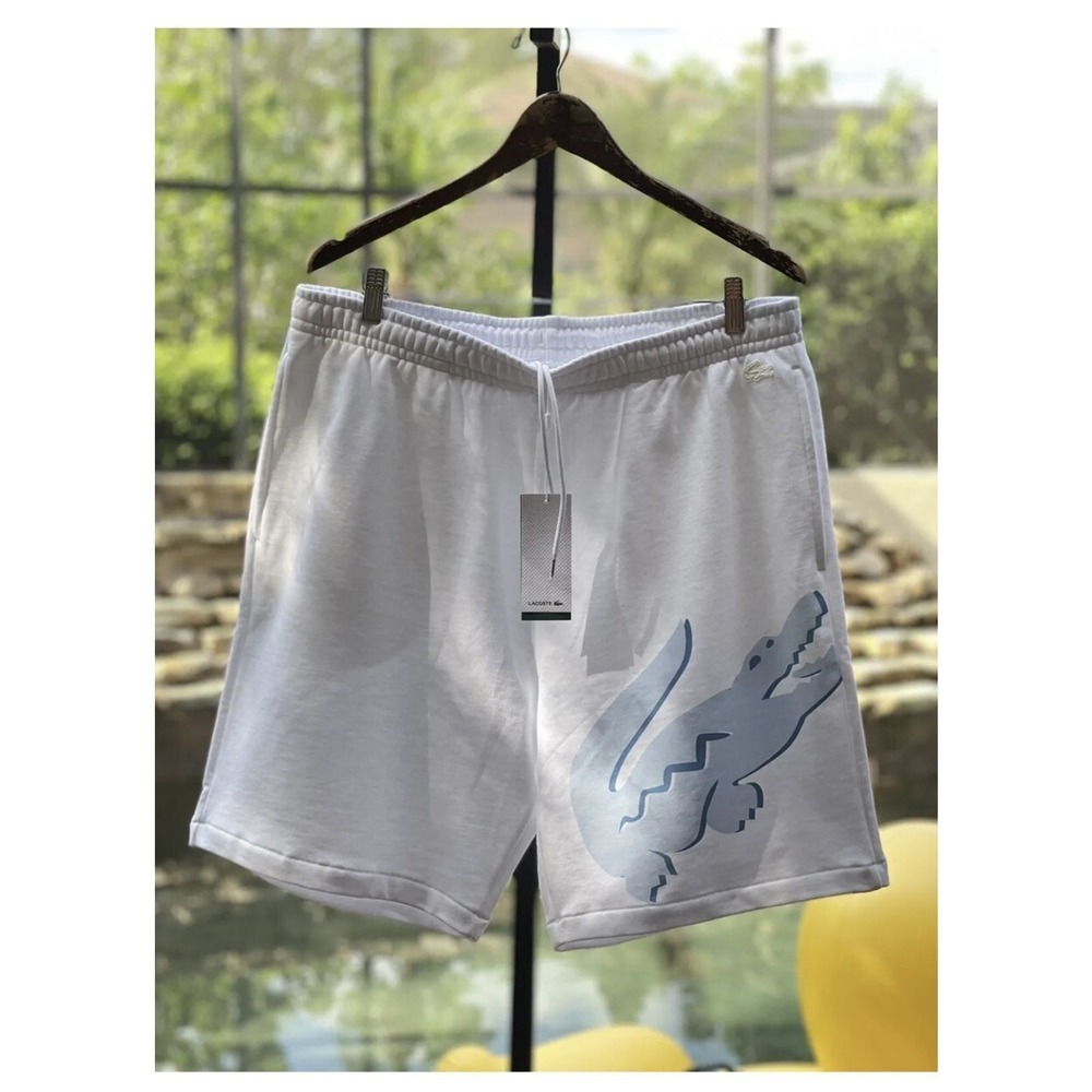 Lacoste Oversized Crocodile Print Fleece Shorts 3XL Organic Cotton White